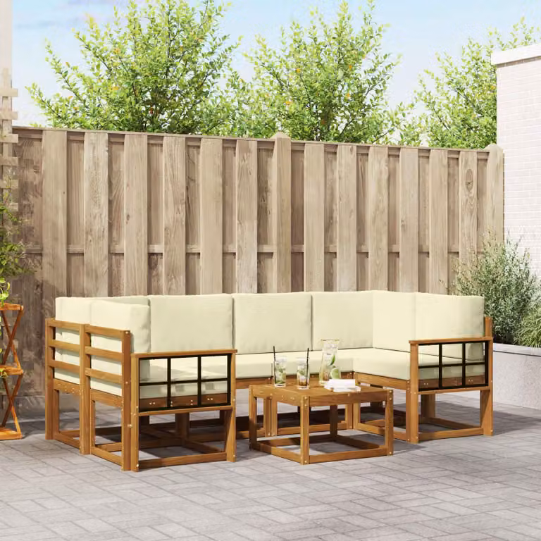 Set di divani da esterno vidaXL 7 pz in legno di acacia con cuscini, colore beige, bianco e marrone