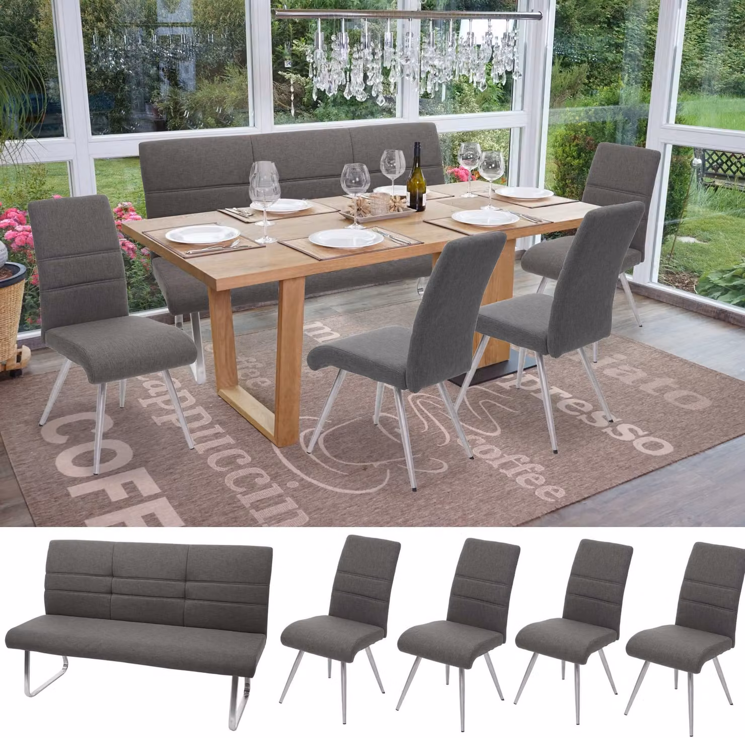 Set di 4x sedia da pranzo + panca HWC-G55, panca da cucina sedia, tessuto/tessuto acciaio inox ~ panca grigio-marrone 160cm