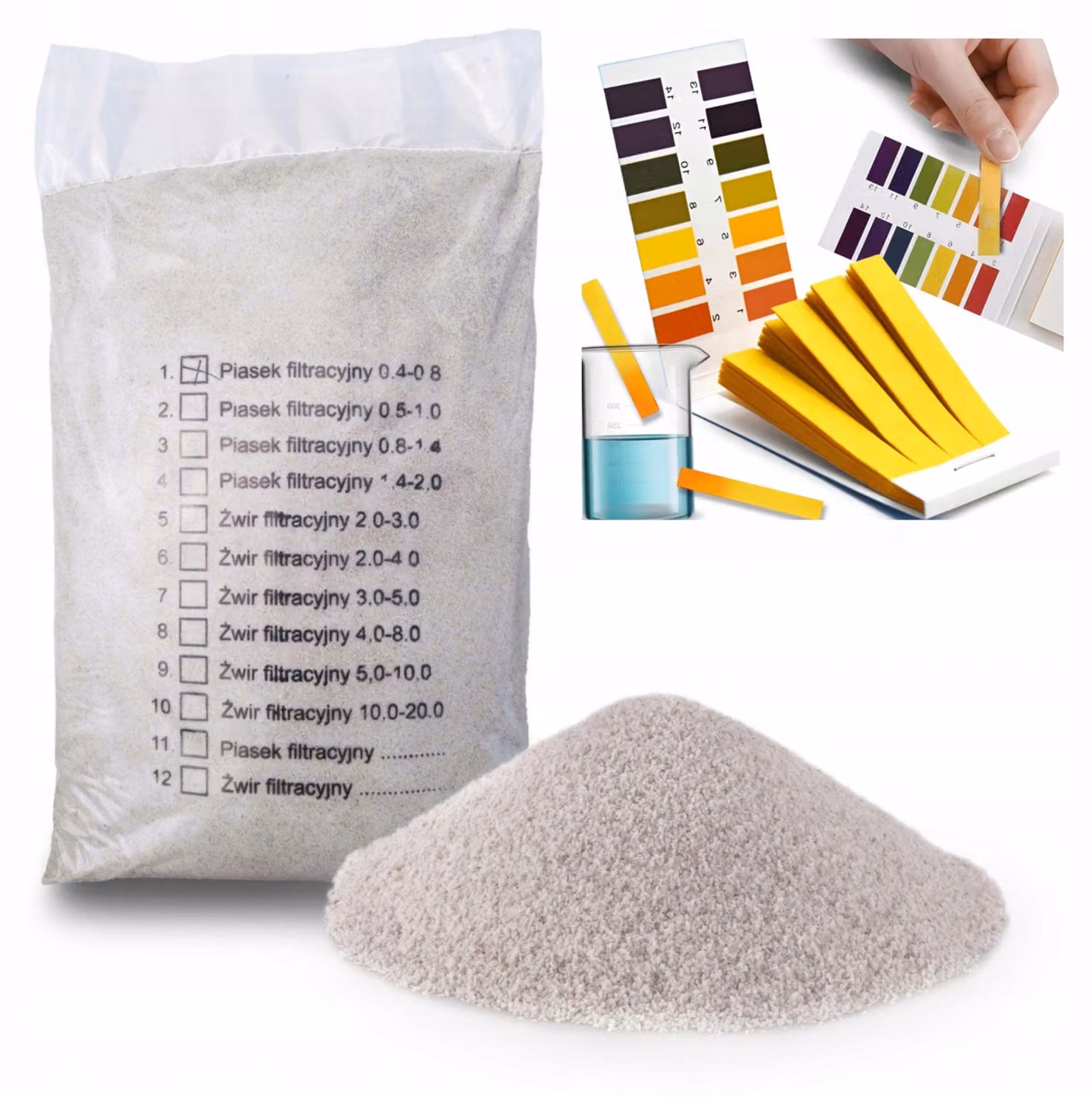 Sabbia filtrante per piscine 0,4-0,8 mm, sabbia di quarzo 20 kg per piscine da giardino e piscine fuori terra, con 80 strisce reattive per il pH