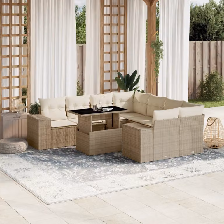 vidaXL Set Divano da Giardino a L 9 pz con Cuscini Beige e Tavolino in Polyrattan e Metallo