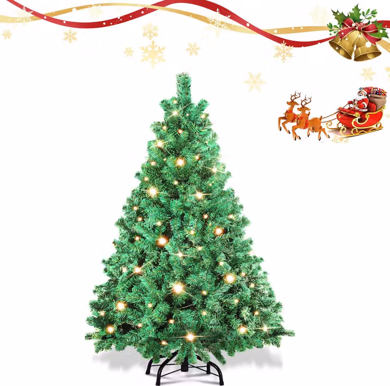 Jayseuw 120 cm albero di Natale artificiale con illuminazione a LED 150 LED bianco caldo incl. base in metallo con 340 punte albero di Natale albero di Natale PVC verde