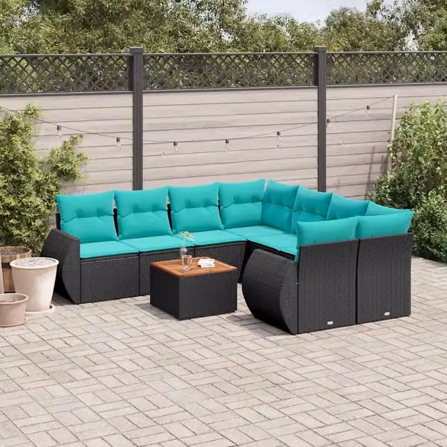 Set Divani da Giardino 9 pz con Cuscini Nero in Polyrattan 3224930