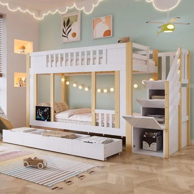 Letto a Castello Bambini con Cassetti e Lavagnetta ¨C Xylo ¨C Pino/MDF, Bianco/Naturale, 90x200