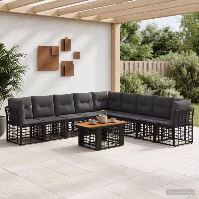 Set Divano da Giardino 10 pz Nero e Grigio scuro polyrattan 3437873