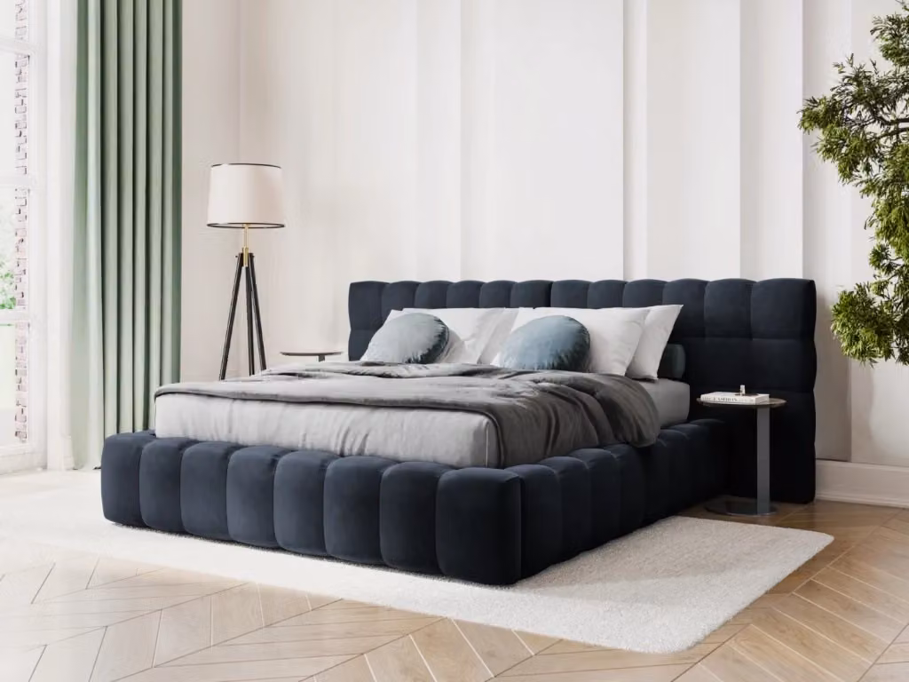Letto con cassettone e testiera doppia Bali di Cosmopolitan Design in velluto blu scuro L/P: 200 x 200 cm – 2