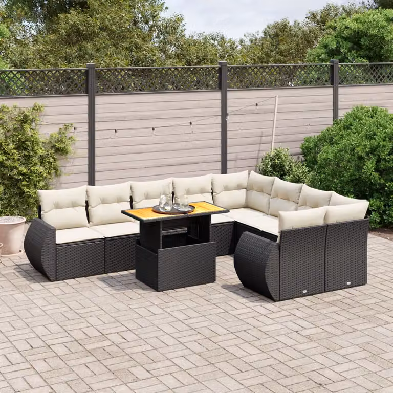 Set di divani da giardino vidaXL a forma di L composto da 10 pezzi con cuscini e tavolino da esterno nero