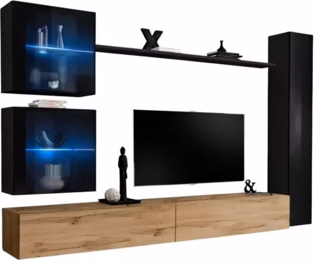Composizione murale SWITCH XVIII mobile TV sospeso in rovere Wotan e nero lucido
