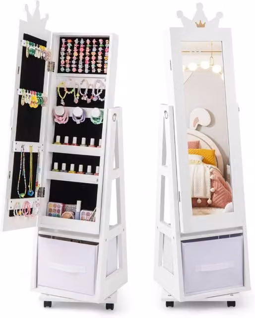 Armadio gioielli per bambini Design Mania con base girevole e specchio, Bianco