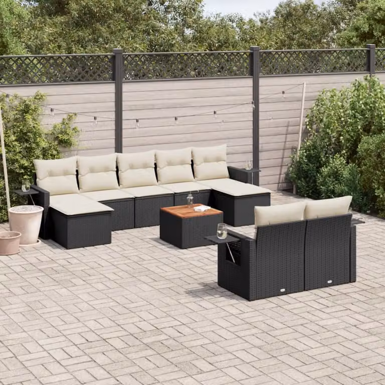 vidaXL Set Divani da Giardino a Forma di U in Polyrattan Nero con Cuscini e Tavolino da Esterno