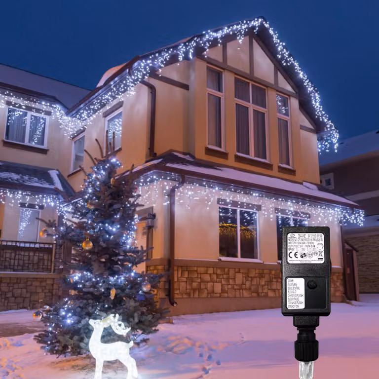 Ikodm, catena luminosa effetto "pioggia di ghiaccio", 600 LED bianco freddo, lunghezza 15 metri, tenda luminosa, 31 V, grado di protezione IP44, 8 modalità con memoria, ideale per Natale