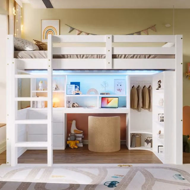 Letto a soppalco 140x200 cm con scrivania; armadio e LED; in pino; MDF e compensato; bianco per cameretta
