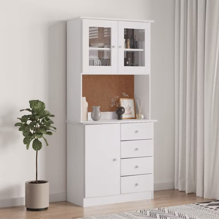 Credenza Alta vidaXL in Legno di Pino Bianco con Ante in Vetro e Cassetti, L/P/H: 77 x 35 x 165 cm