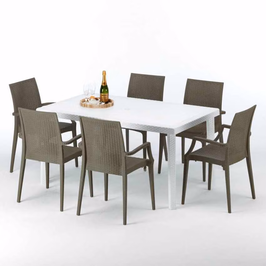Tavolo rettangolare bianco e 6 sedie Set di bastoni da esterno in polipropilene colorato Grand Soleil Arm Bistrot Summerlife - Marrone