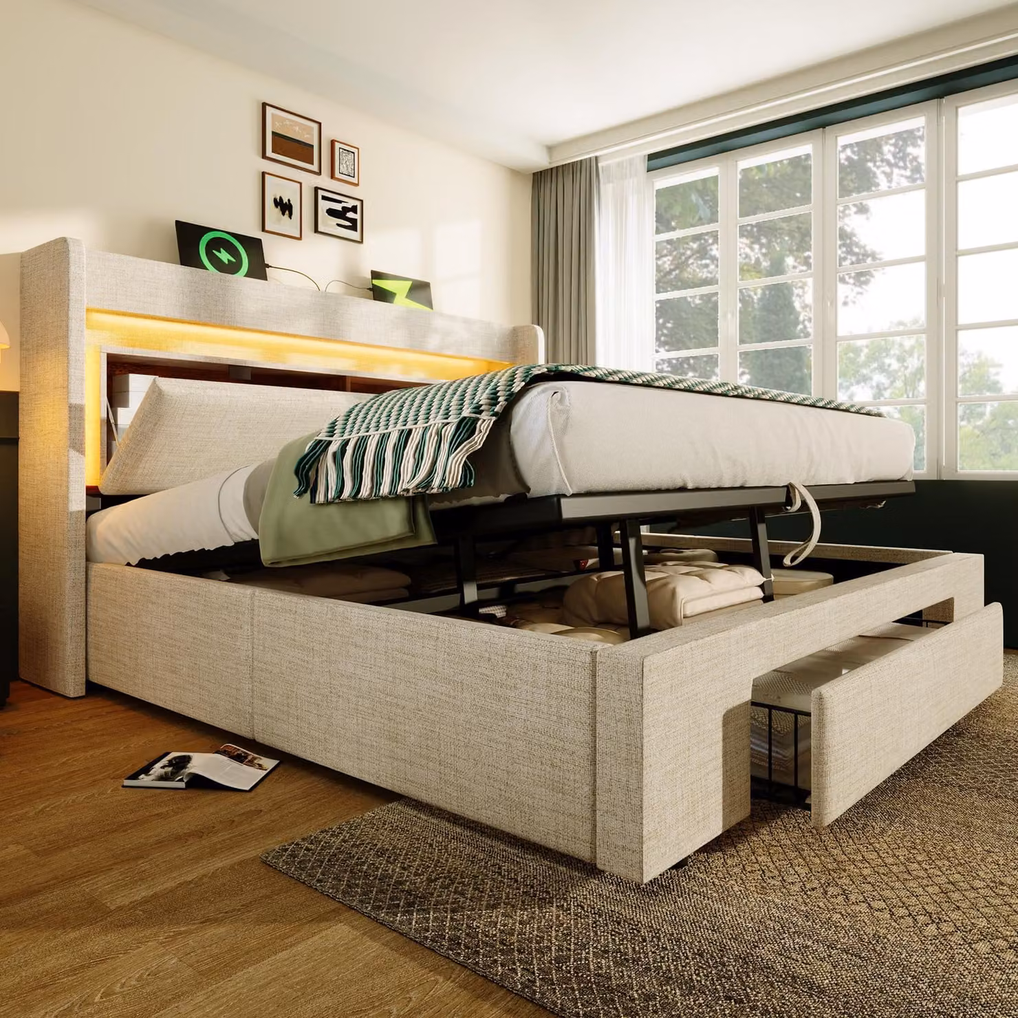 MODFU Letto imbottito 180x200 Letto matrimoniale con contenitore e testiera con vano portaoggetti, rete a doghe in legno con illuminazione a LED e connessione USB e USB-C, senza materasso, beige