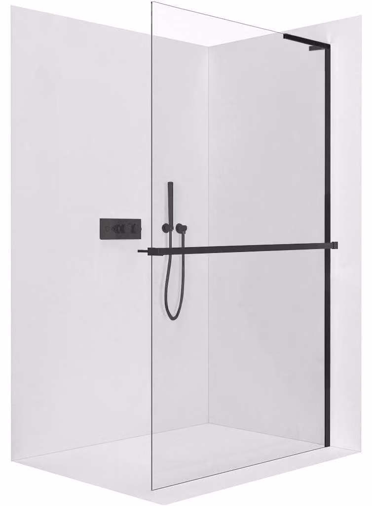CERANO - Box doccia Walk-in Onyx con montante a L a destra - 10 mm + mensola/portasciugamani - nero opaco, vetro trasparente - 160x200 cm