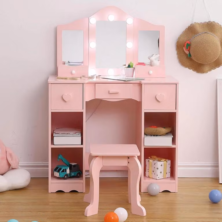 Tavolo da trucco per bambini - Set da toeletta e trucco - Specchio a tre ante - Ripiani aperti - Sedia inclusa - Legno - Viola