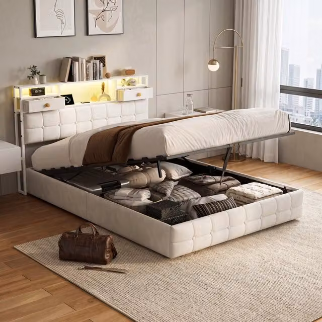 Letto una piazza e mezza 140x200 cm con contenitore LED USB Type-C testiera rete a doghe velluto metallo - beige
