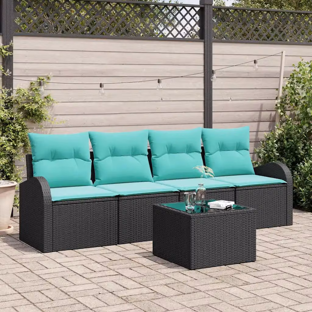 Set Divano da Giardino vidaXL 5 Pezzi Moderno con Cuscini Nero e Turchese