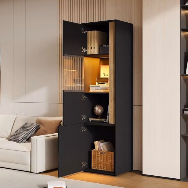 Vetrina contenitore alta 179x50x40 cm, nero e naturale, con illuminazione LED e 2 ante (una in acrilico). Per soggiorno, ufficio e cucina.