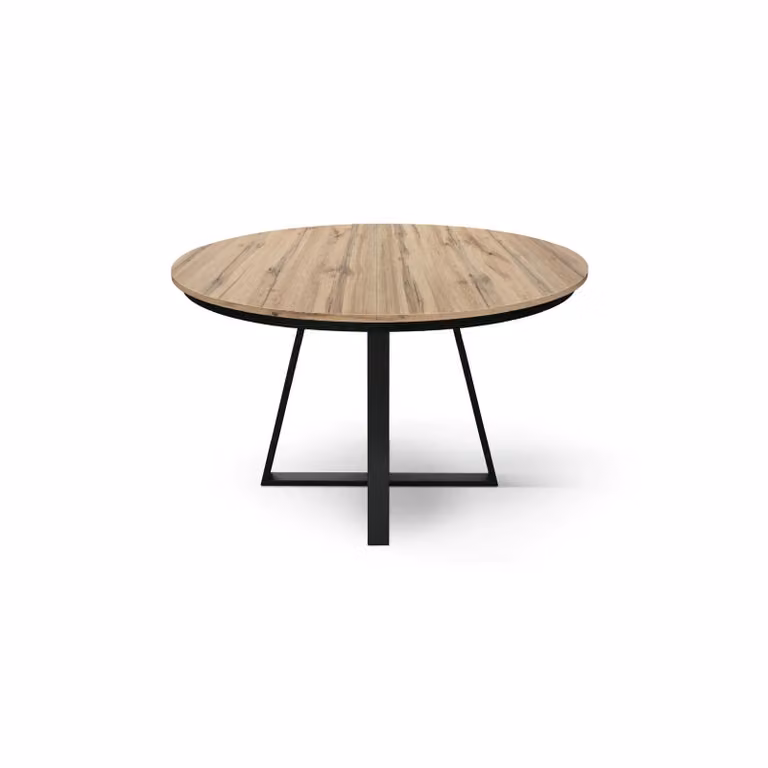 Tavolo rotondo PANTELLERIA in legno effetto rovere rustico con base a X in metallo antracite, allungabile ⌀120 cm – 170 cm