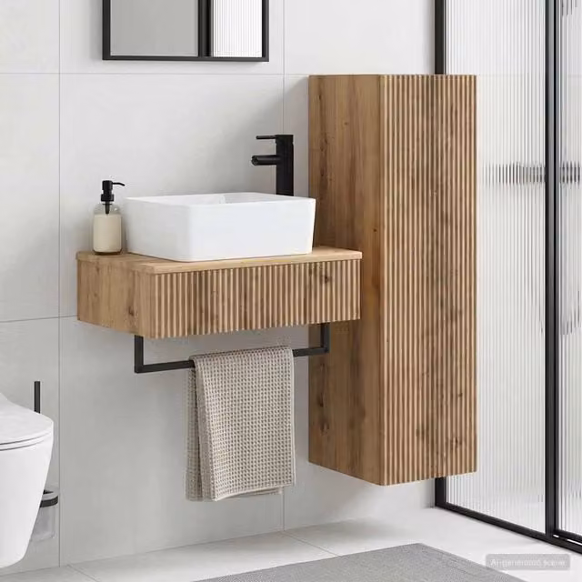 Set di mobili da bagno moderno vidaXL in legno color rovere marrone composto da mobile lavabo e pensile a muro
