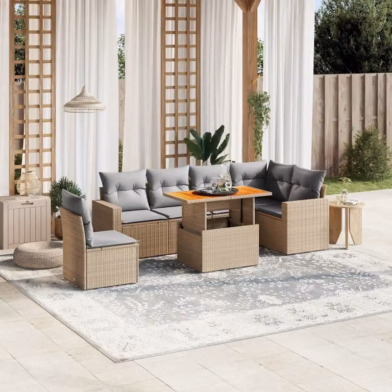 vidaXL Set Divani da Giardino 7 pz a L in Polyrattan con Cuscini Beige e Grigio