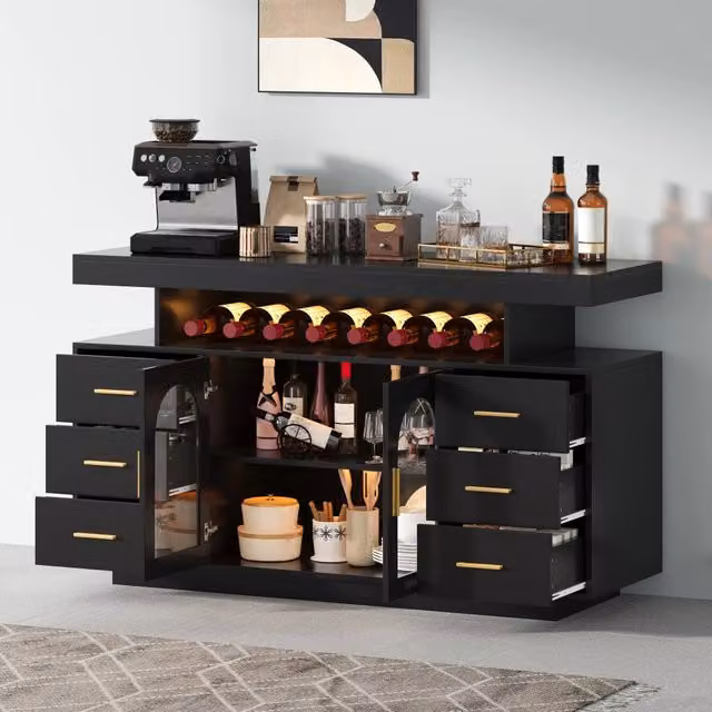 Mobile bar con illuminazione LED, 6 cassetti, 2 ante in vetro e ripiano aperto, per liquori e caffè, moderno, per cucina soggiorno sala da pranzo, 140x40x82 cm