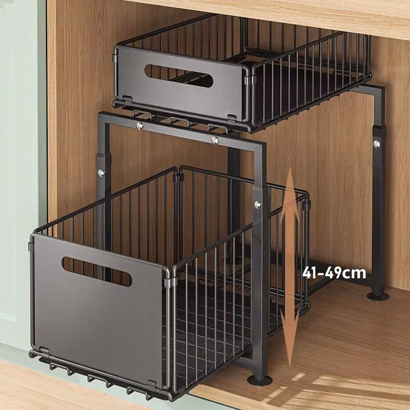 Organizzatore estraibile a 2 scomparti per mobili sottopensili, con altezza regolabile, realizzato Acciaio al carbonio, dotato di cassetto estraibile per la cucina