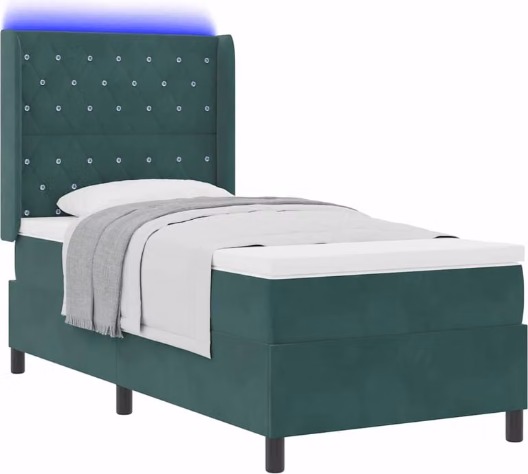Letto boxspring con materasso e luci LED, verde scuro, 90 x 190 cm, velluto