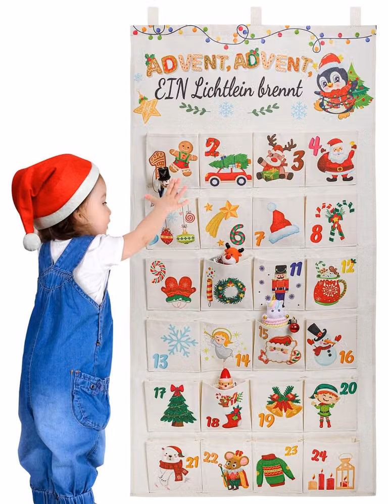 Calendario dell'Avvento 2024 - Tappeto da parete in feltro - 24 scomparti - Riutilizzabile - Sostenibile - Decorazione per Natale - Calendario di Natale