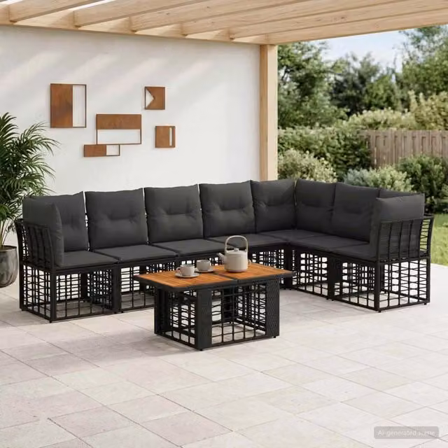 Set Divano da Giardino 8 pz Nero e Grigio scuro polyrattan 3437869