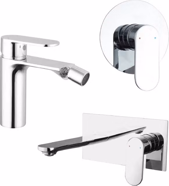 Set di miscelatori Kerry in ottone cromato: lavabo ad incasso, bidet senza scarico e doccia monocomando con tecnologia water saving