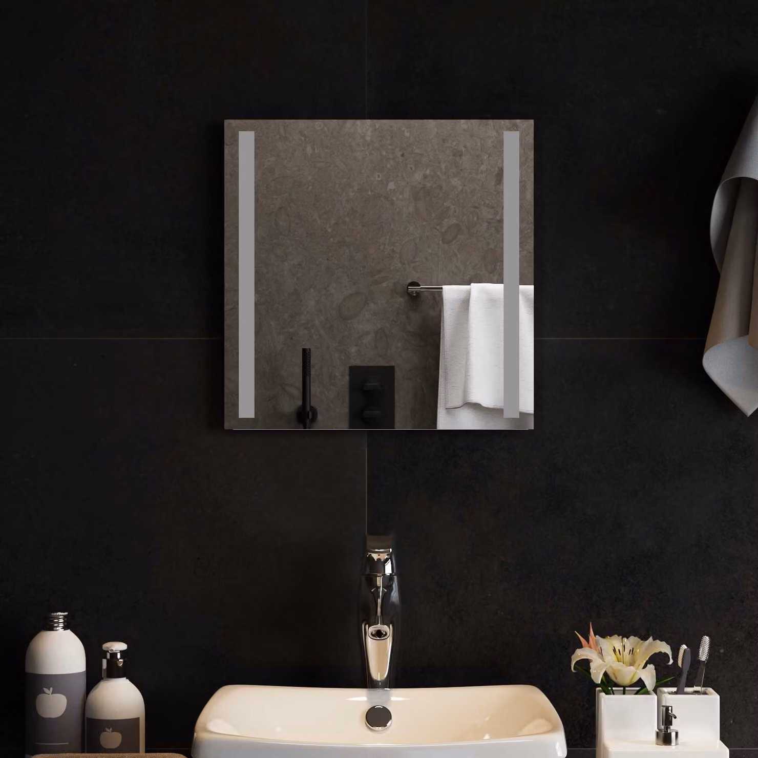 Specchio da bagno moderno vidaXL con luce LED in vetro temperato trasparente, L 40 cm x H 40 cm