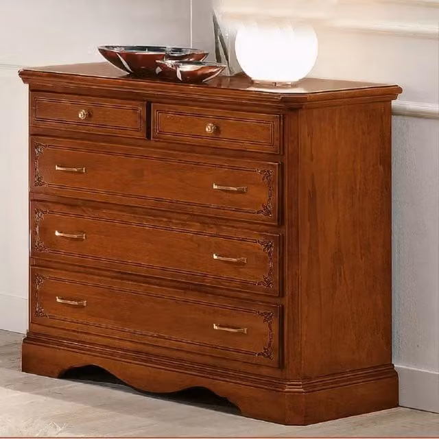 Comò in legno intagliato con 5 cassetti MOBILI 2G color noce L: 117 cm, P: 51 cm, H: 99 cm