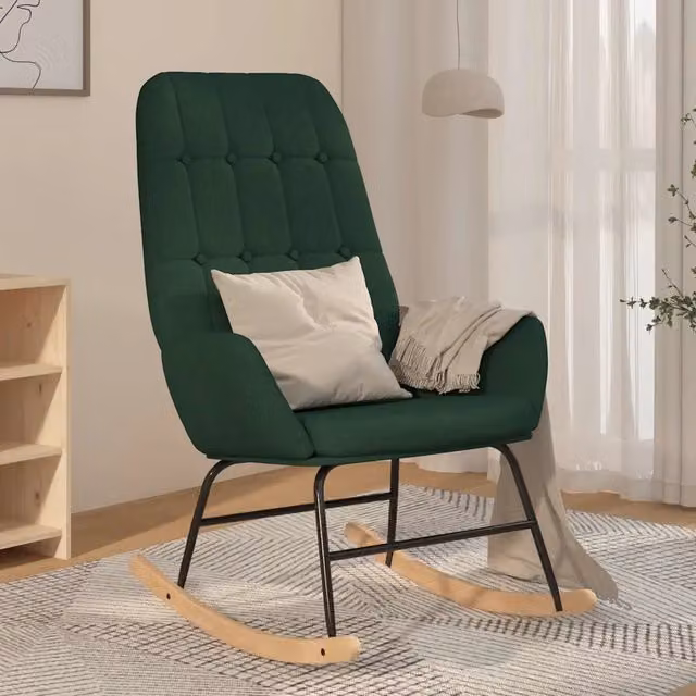 Poltrona a dondolo DESIGN IN Verde Scuro in tessuto con struttura in legno e metallo L/P/H: 79 x 44 x 101 cm