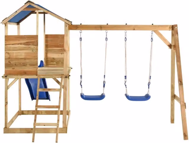Set da gioco da esterno vidaXL con torre di gioco, scivolo e altalena in legno di pino, multicolore, L: 300 cm, P: 220 cm, H: 220 cm