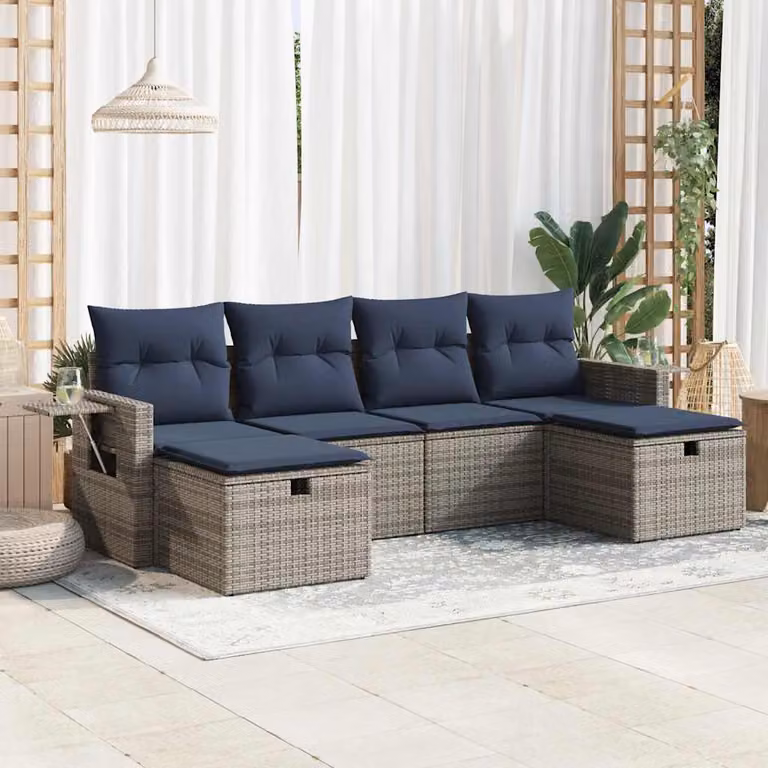 Set Divano da Giardino a L vidaXL in Polyrattan con 6 Cuscini, Grigio e Blu