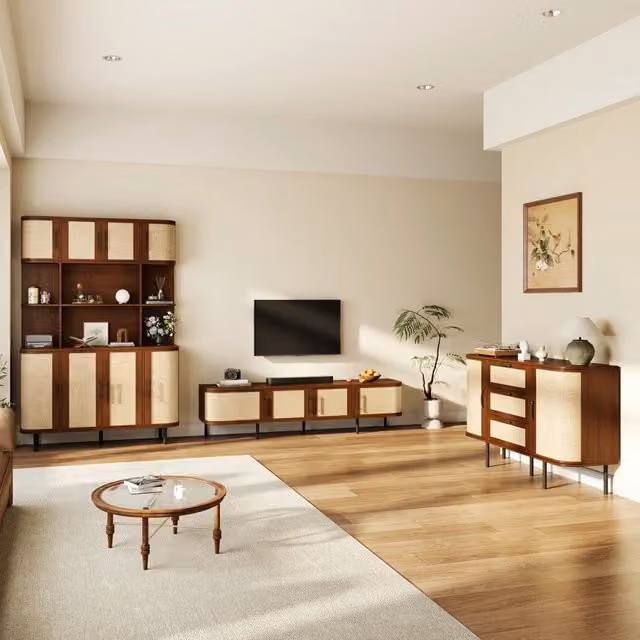 Set Mobili Soggiorno Noce con Mobile Porta TV; Credenza Moderna e Mobile Alto; Struttura in MDF e Frontali Effetto Rattan