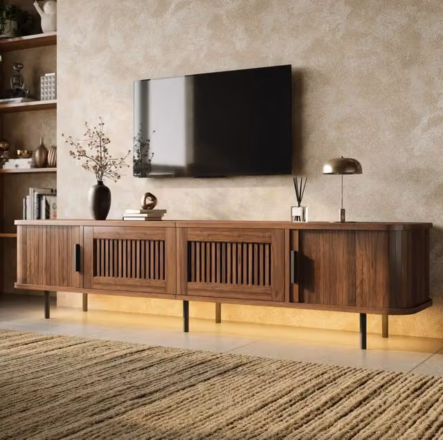 Mobile TV arrotondato; 2 cassetti a griglia; 2 ante scorrevoli; LED con app; MDF e truciolare; noce