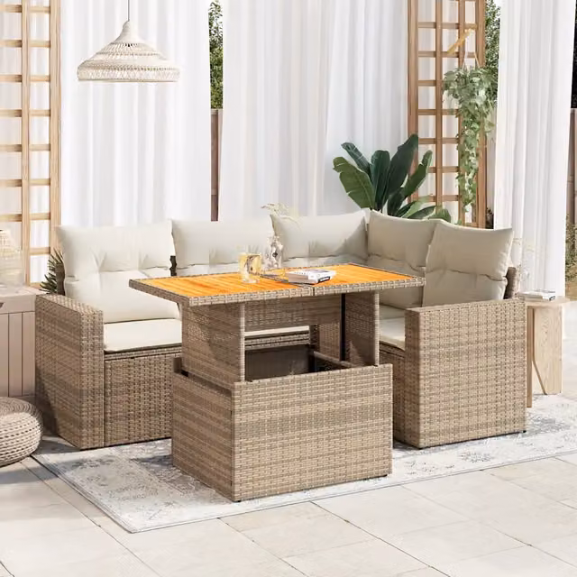 Set Divano da Giardino a L vidaXL in Polyrattan con Cuscini Beige e Tavolino da Esterno