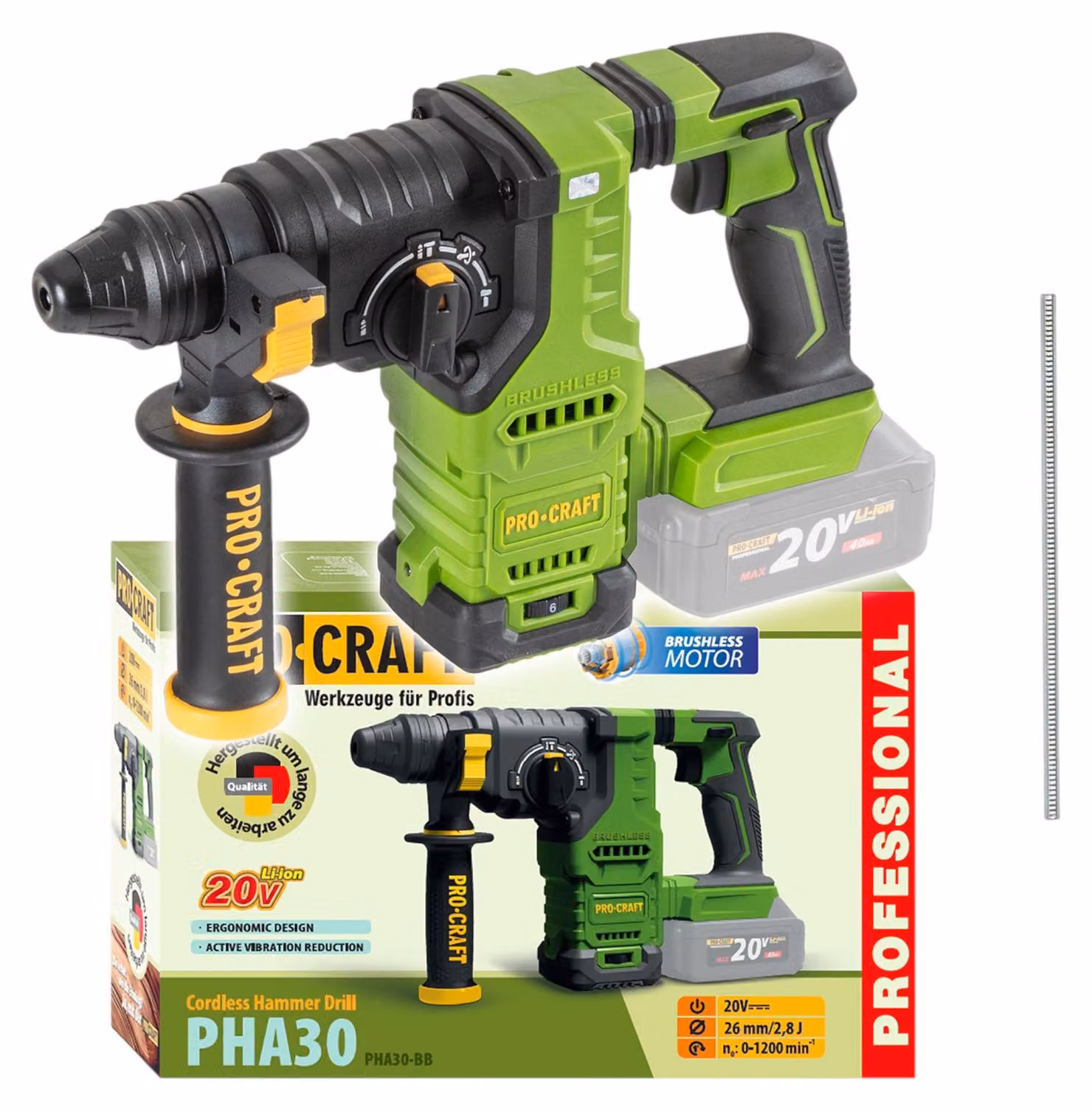 Procraft PHA30bb Trapano a percussione a batteria 20 V 2,8 J SDS plus Brushless Solo - senza batteria, senza caricabatteria