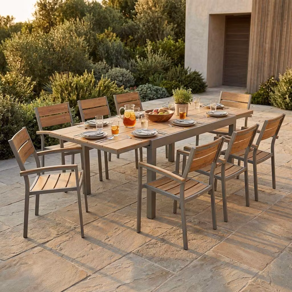 Milani Home - Set Tavolo E Sedie Da Giardino Per Esterno In Alluminio E Legno Resistente Di Teak Cm 160/240x95x75 H Con 8 Sedute - Taupe