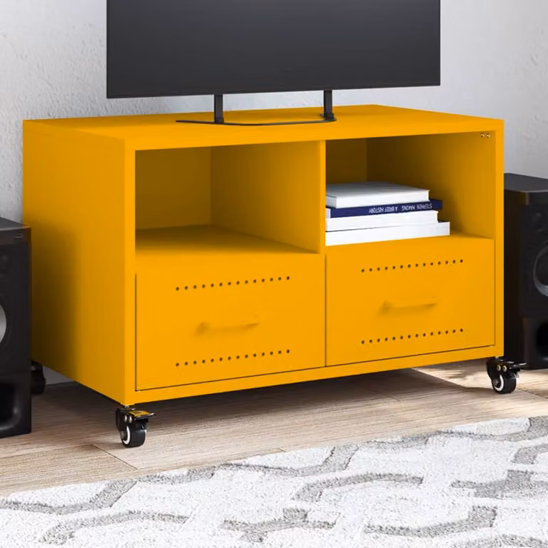 Mobile TV vidaXL in acciaio giallo senape con ruote L: 68 cm, P: 39 cm, H: 43,5 cm