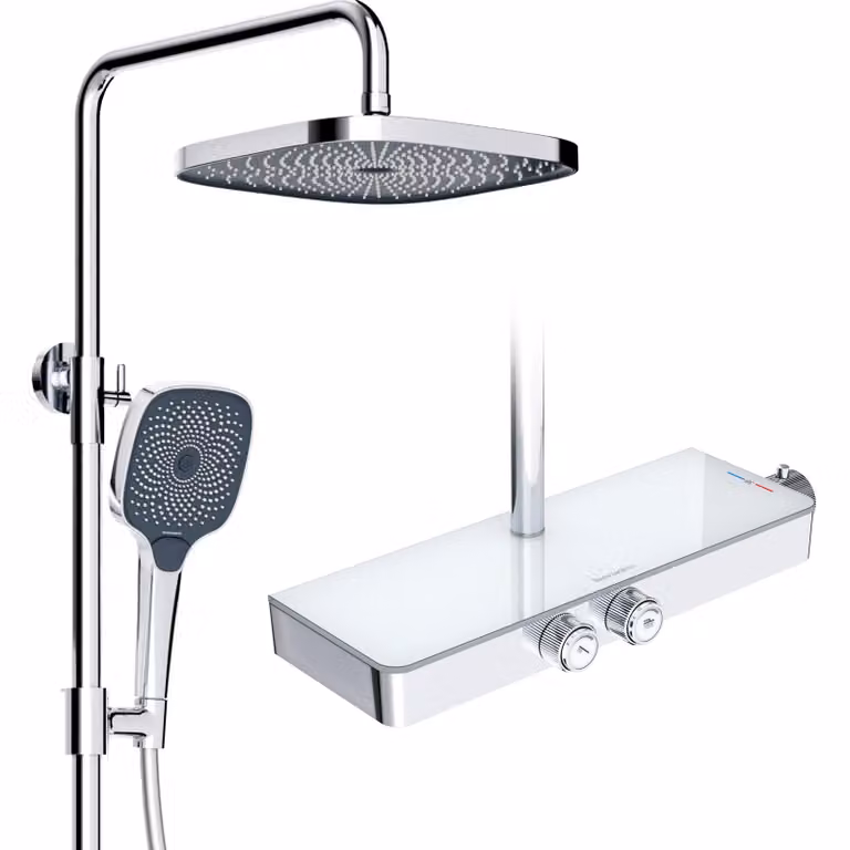 Sistema doccia Rainsworth con termostato e mensola in vetro cromo - Miscelatore doccia completo di doccia a pioggia 26 x 26 cm, doccetta 3 modalità di getto e bocca inferiore - Set doccia a pioggia con miscelatore