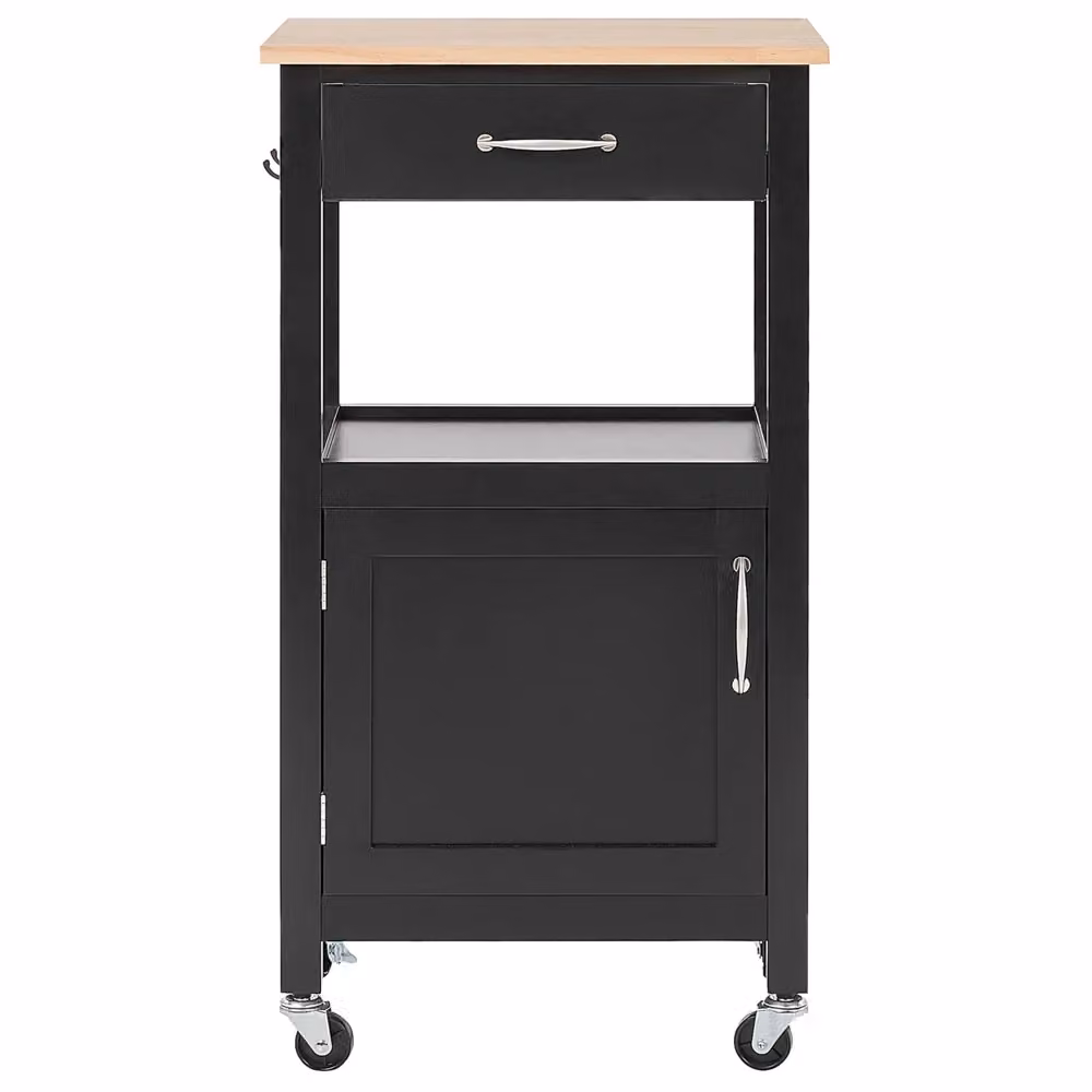 Carrello da cucina BELIANI in legno e MDF con piano in pino nero e chiaro, armadio con cassetto e portasciugamani, L 60 cm x P 48 cm x H 91 cm – 2
