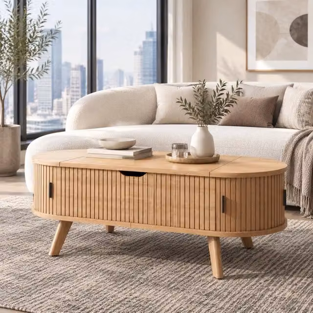 Desviae Tavolino basso ovale contenitore con piano sollevabile idraulico e due ante scorrevoli in MDF naturale 110 × 50 × 53,5 cm