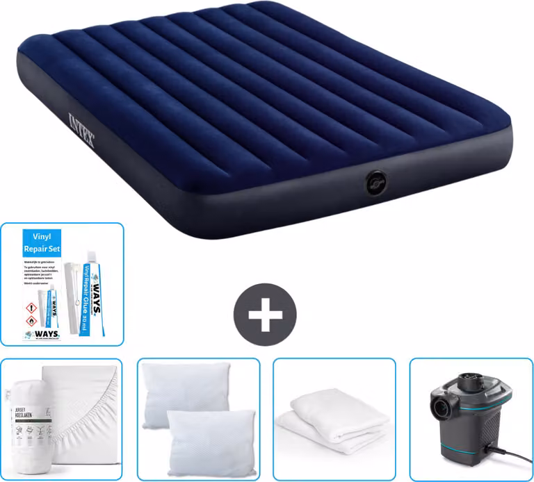 Letto gonfiabile Intex - 2 persone - 152 x 203 x 25 cm - blu - lenzuolo incluso - bacio - pompa - set di riparazione e protezione per cuscini