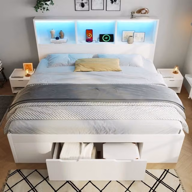 Letto 140x190 cm Bianco con contenitore e 2 comodini mobili, letto matrimoniale in legno con LED e ricarica USB Type-C, cassetto e ripiani