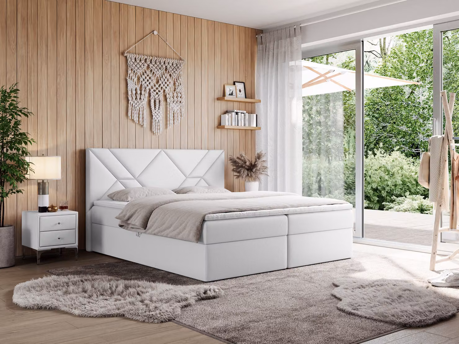 Letto boxspring MKS MEBLE 140x200 con materasso H3 e contenitore, letto matrimoniale con contenitore e topper, letto imbottito 140x200 con testiera - NEOMI - Pelle finta bianca - H3
