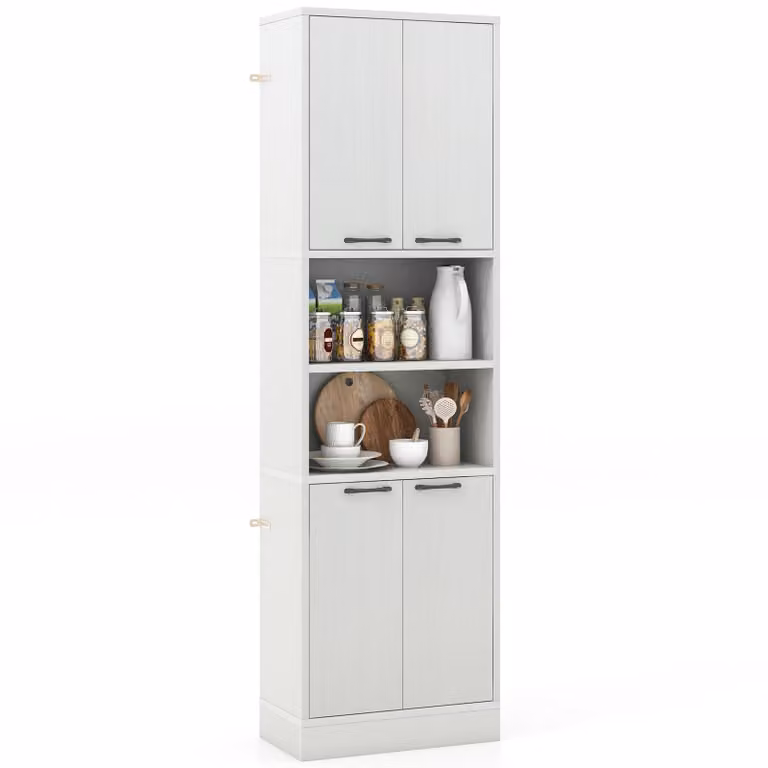 COSTWAY Armadio da cucina alto 190 cm, mobile alto con ante, ripiani, cerniere di sicurezza e protezione antiribaltamento, credenza indipendente multiuso per sala da pranzo, soggiorno (grigio chiaro)